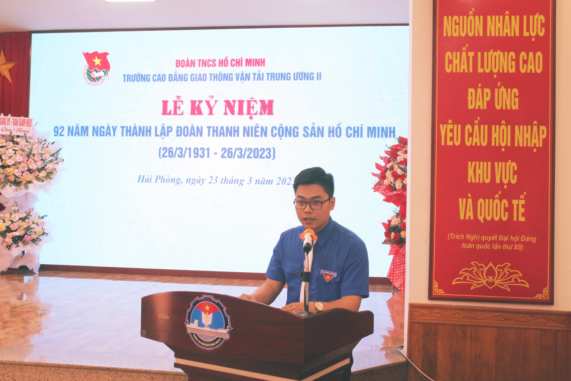 Đồng chí: Hoàng Văn Đại - Bí thư Đoàn trường đọc diễn văn kỷ niệm 92 năm ngày thành lập Đoàn TNCS Hồ Chí Minh (26/3/1931 - 26/3/2023)